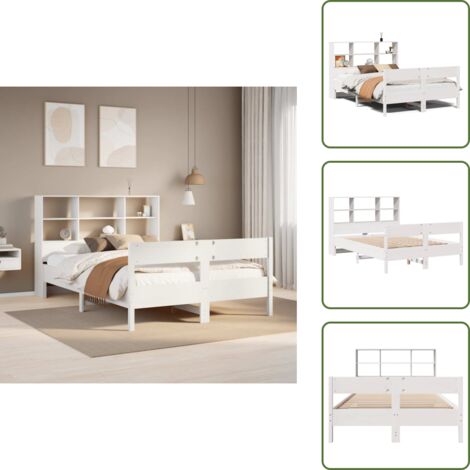Cama de pino - vidaXL Cama con estantería sin colchón madera maciza blanca 160x200 cm - Cabecero de estantería