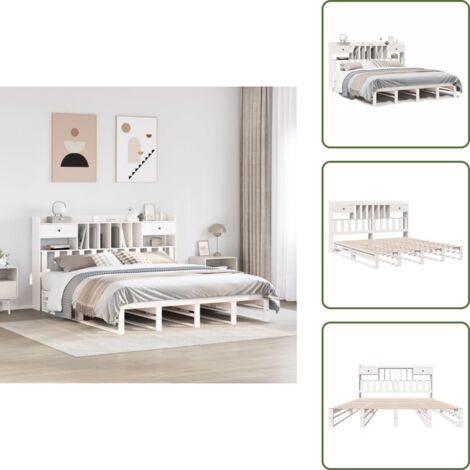 Cama de pino - vidaXL Cama con estantería sin colchón madera maciza blanca 180x200 cm - Estantería de cama