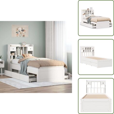 Cama de pino - vidaXL Cama con estantería sin colchón madera maciza blanco 90x200 cm - Cabecero de estantería