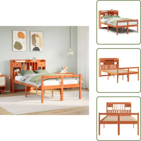 Cama de pino - vidaXL Cama con estantería sin colchón madera maciza marrón 135x190cm - Cabecero de estantería