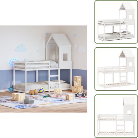 Cama de pino - vidaXL Cama litera con techo madera maciza de pino blanco 90x200 cm - Cama con techo para niños pequeños