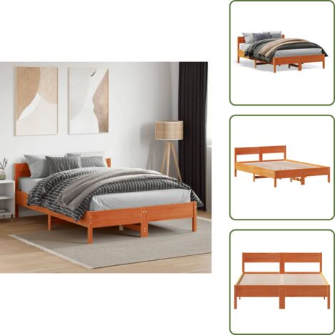 Cama de pino - vidaXL Cama sin colchón madera maciza de pino marrón cera 140x190 cm - Cama de madera maciza