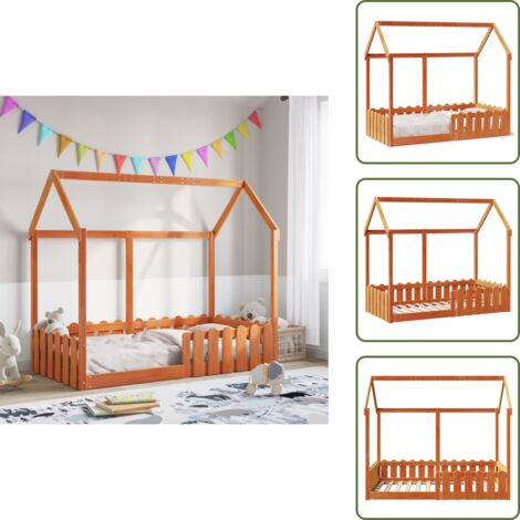 Cama de piso - vidaXL Cama con forma de casa de niños madera maciza marrón 80x160 cm - Cama con barandillas