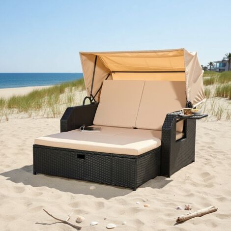Cama de poly ratán sofá tumbona en negro con toldo solar Sofá de jardín de ratán Silla de playa sombrilla cama de playa techo terraza
