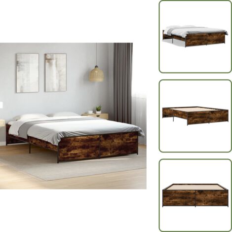 Cama de roble - vidaXL Estructura cama madera ingeniería metal roble ahumado 160x200cm - Cama de acero
