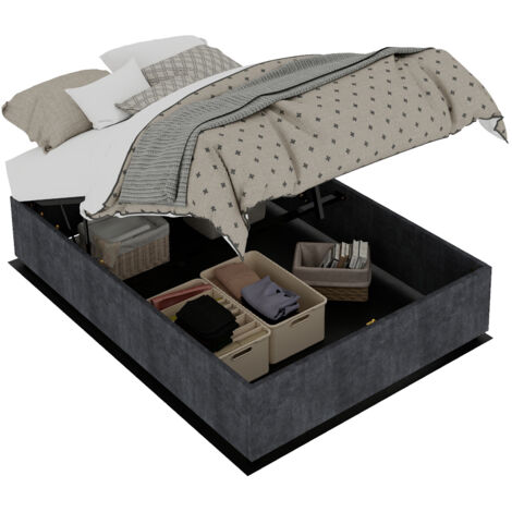 Cama de tela gris 140x200 cm con cabecero tapizado, estructura de metal y madera