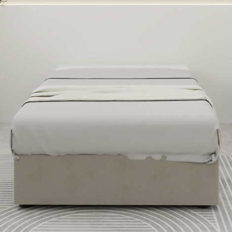Cama de tela y metal beige 90x200 cm, estructura estable sin cabecero