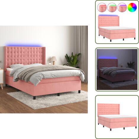 Cama de terciopelo rosa - vidaXL Cama box spring colchón y LED terciopelo rosa 140x200 cm - Cama con cabecero ajustable