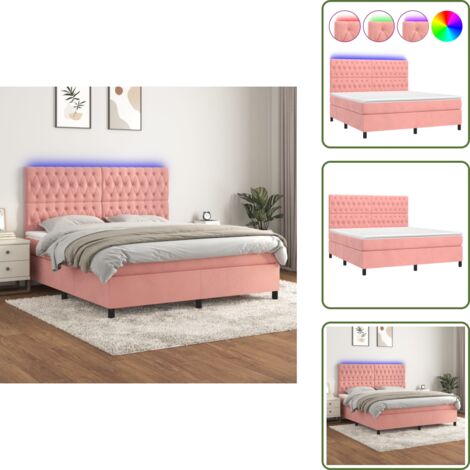 Cama de terciopelo rosa - vidaXL Cama box spring colchón y LED terciopelo rosa 180x200 cm - Cama con cabecero ajustable