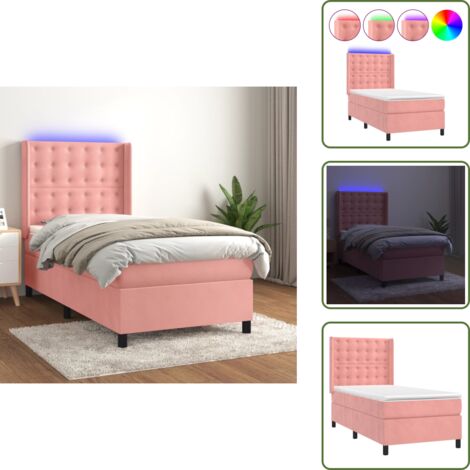 Cama de terciopelo rosa - vidaXL Cama box spring colchón y LED terciopelo rosa 90x190 cm - Cama con cabecero ajustable