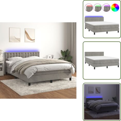 Cama de terciopelo - vidaXL Cama box spring colchón y LED terciopelo gris claro 140x200 cm - Cama con cabecero ajustable