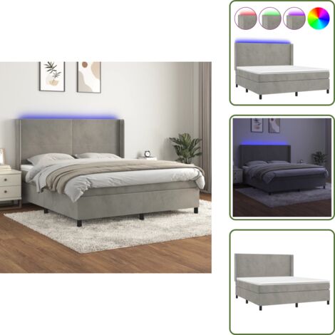 Cama de terciopelo - vidaXL Cama box spring colchón y LED terciopelo gris claro 160x200 cm - Cama con cabecero ajustable