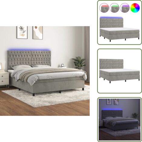 Cama de terciopelo - vidaXL Cama box spring colchón y LED terciopelo gris claro 160x200 cm - Cama con cabecero ajustable