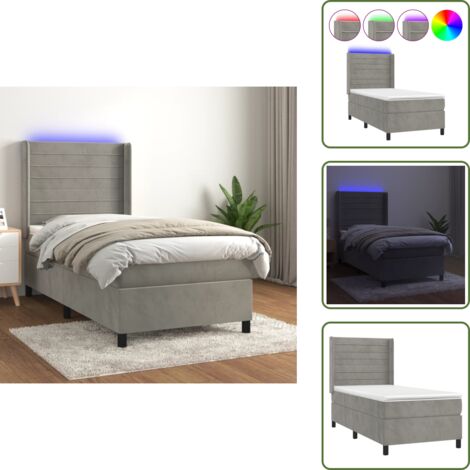 Cama de terciopelo - vidaXL Cama box spring colchón y LED terciopelo gris claro 90x200 cm - Cama con cabecero ajustable