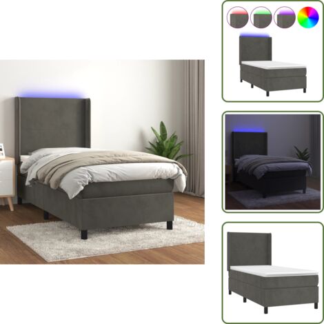 Cama de terciopelo - vidaXL Cama box spring colchón y LED terciopelo gris oscuro 100x200 cm - Cama con cabecero ajustable