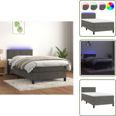 Cama de terciopelo - vidaXL Cama box spring colchón y LED terciopelo gris oscuro 100x200 cm - Cama con cabecero ajustable