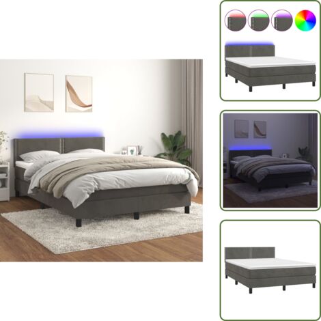 Cama de terciopelo - vidaXL Cama box spring colchón y LED terciopelo gris oscuro 140x200 cm - Cama con cabecero ajustable