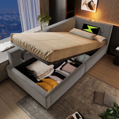 Cama Diván 90×200 cm, Cama Individual con Arcón Hidráulico, USB Tipo C y Lámpara de Lectura, sin Colchón, Terciopelo Gris