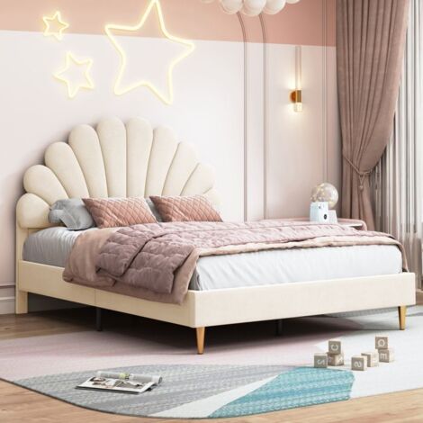 Cama doble 140 x 200 cm, con cabecero acolchado y marco de listones de madera, tela de terciopelo, en forma de pétalo, beige