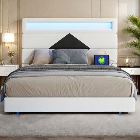 Cama doble 140x190 cm - Beige - Iluminación LED - Cabecera ajustable - USB integrado