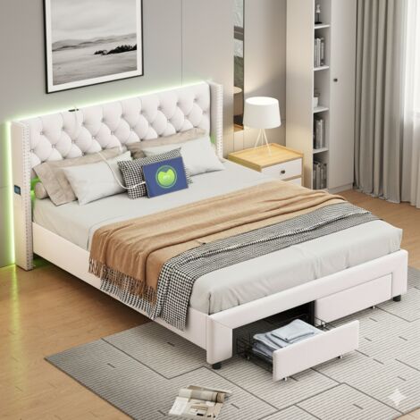 Cama doble 140x190 cm - Cama para adultos con somier de láminas - Cama tapizada 140x190 cm con LED - Estructura de cama 140x190 cm - Beige
