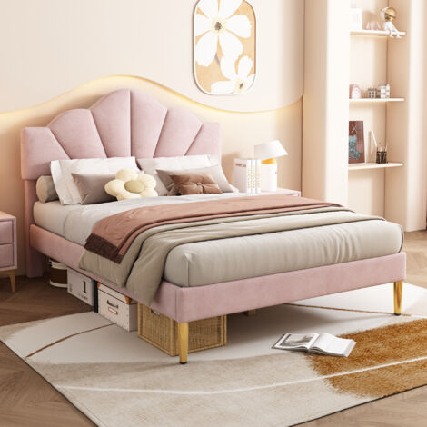 Cama Doble 140x190 cm concha cabecero regulable terciopelo somier madera Pink apta para niños y adolescentes(Sin Colchón)