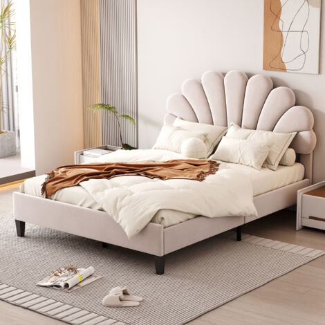 Cama Doble 140x200 cm Cabecero Floral Terciopelo Hipoalergénico Beige (Sin Colchón)