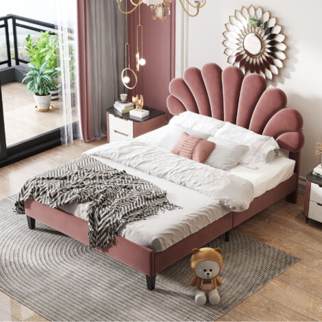Cama Doble 140x200 cm Cabecero Floral Terciopelo Hipoalergénico Granate (Sin Colchón)
