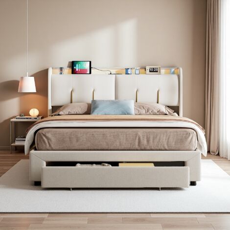 Cama doble 140x200 cm, Cama hidráulica con LED y USB, Cajones 2 en 1, Somier de láminas, Listones de madera, Cabecero con espacio de almacenaje, Terciopelo beige