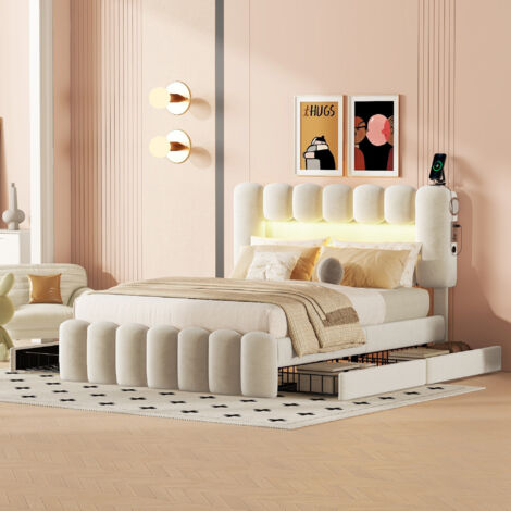 Cama doble 140x200 cm con 4 cajones y luz led con altavoces terciopelo beige (Sin colchón)