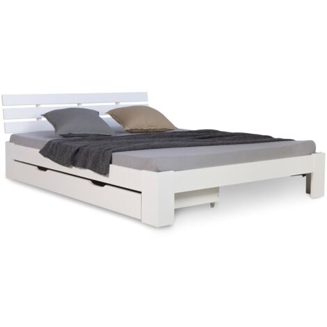 Cama doble 140x200 cm con cajón contenedor y somier de láminas de madera de pino blanco LIT06225