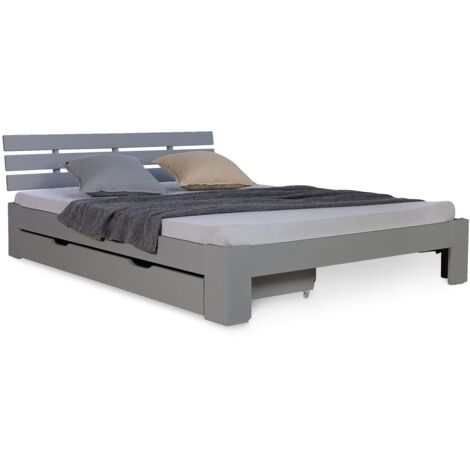Cama doble 140x200 cm con cajón contenedor y somier de láminas de madera de pino gris LIT06224