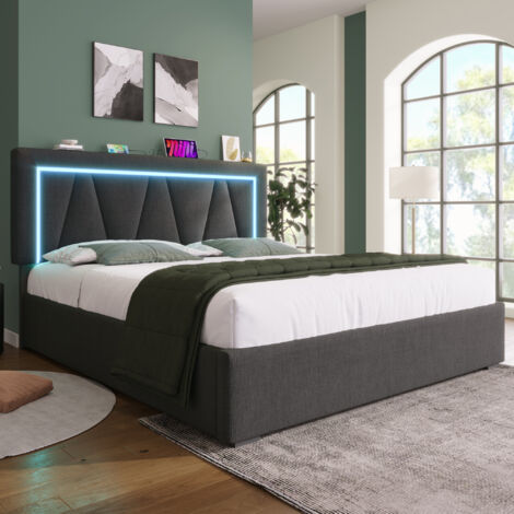 Cama doble 140x200 cm con iluminación LED y carga USB-C almacen somier moderno natural lino juvenil (Sin Colchón)