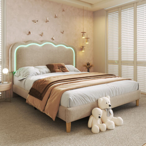 Cama doble 140x200 cm con LED cabecero ajustable terciopelo beige (Sin Colchón)