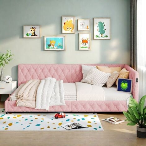 Cama doble 140x200 cm con somier, Sofá-cama, Cama para adultos LED, Respaldo suave, Cabecera decorativa con botones y USB, Tejido Rosa