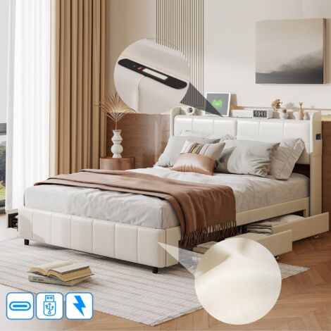 DANS LES NUAGES Cama Doble 140x200 cm de Hierro Forjado con 4 Cajones, Carga USB, Estructura Metálica, PU y Somier de Lamas, Cama para Adultos - Blanc