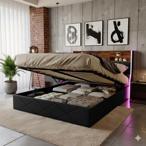 Cama doble 140x200 cm Diseño moderno con arcón, puertos USB y LED - Cuero sintético negro