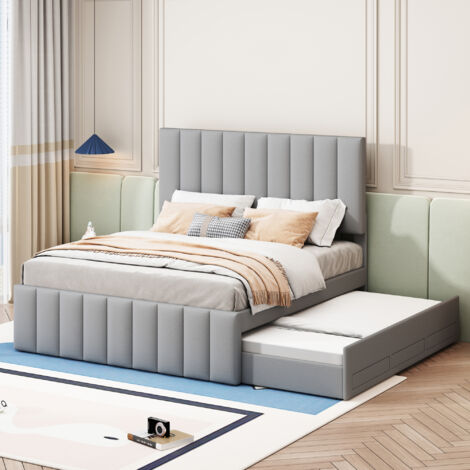 Cama Doble 140x200 cm Extensible Con Cajones Lino Suave Gris (Sin Colchón)