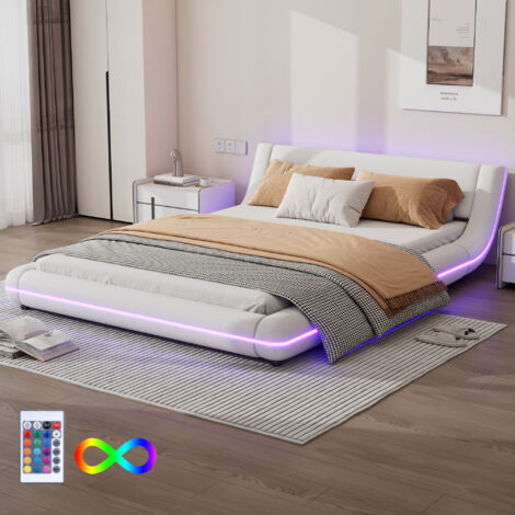 Cama doble 140x200 cm material PU con LED control remoto de 24 teclas blanca apta para niños y adolescentes(Sin Colchón)
