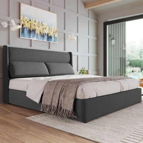 Cama doble 140x200cm cabecero regulable almacenamiento hidráulico tapizado lino color gris (Sin colchón)