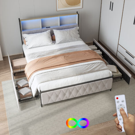 Cama doble 140x200cm, Cama matrimonial con 4 cajones, Cabecero con compartimento de almacenaje, LED, 2 puertos de carga, Cama con cajones, Terciopelo, Beige