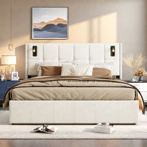 Cama doble 140x200cm, Camas con canapé a presión de aire, Cama para adultos con luz de lectura, Diseño de remaches en el lateral del cabecero, Terciopelo, Beige