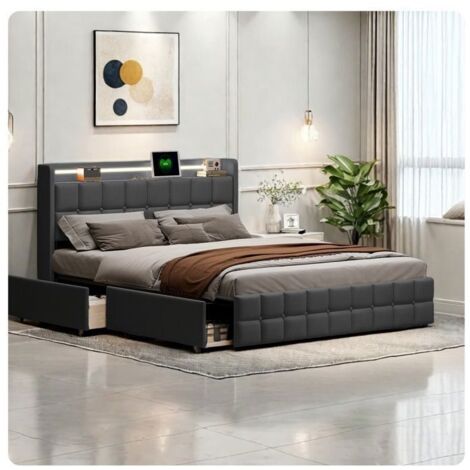 Cama Doble 160x200 Adulto, Cama con Cofre y 4 Cajones - Moderna con LED Integrada, Almacenamiento y USB, Gris