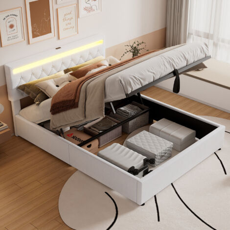 Cama doble 160x200 cm con almacenaje hidráulico cabecero con luz ambiente lino blanco (Sin colchón)