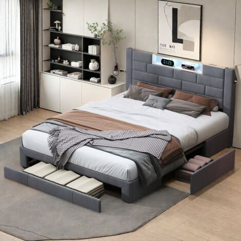 Cama doble 160x200 cm con función de carga USB Cama de adulto cabecera y luces LED y 3 cajones Espacio de almacenamiento Gris