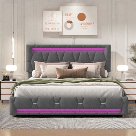 Cama doble 160x200 cm - TANANT - Cabecera LED - 4 cajones - Tela de lino gris - Ajustable en altura