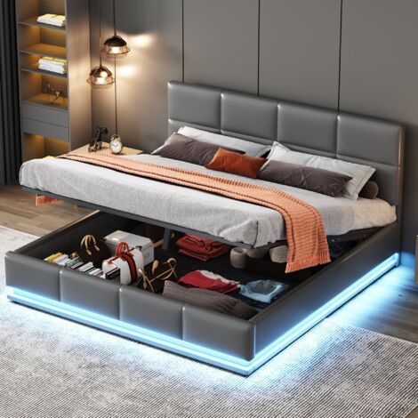 Cama Doble 160x200 cm Tapizada Con LED Base Metálica con Cajón Cabecero Ajustable Gris (Sin Colchón)