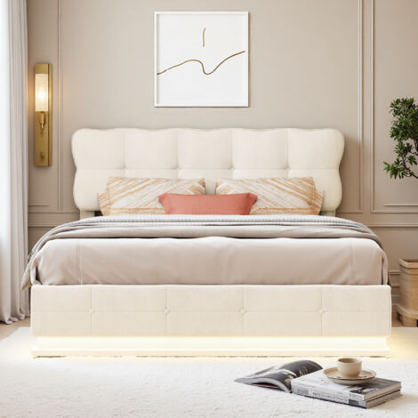 Cama doble 160x200 cm - tejido de terciopelo - hidráulica - LED - estructura de cama 160x200 cm - Beige