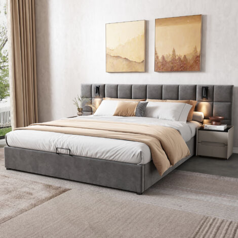 Cama doble 160x200cm luz lectura regulable y puerto USB con estampado a cuadros estructura de acero color gris (Sin colchón)