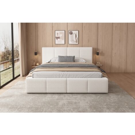 Cama Doble 180 x 200 cm - Marco de cama con cabecero - En terciopelo beige - Sin colchón